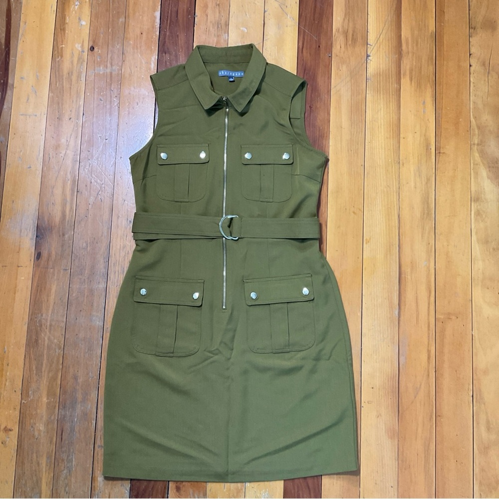 Sharagano Olive Green Size 10 Knee Length Sleeveless Dress - Picture 2 of 6
